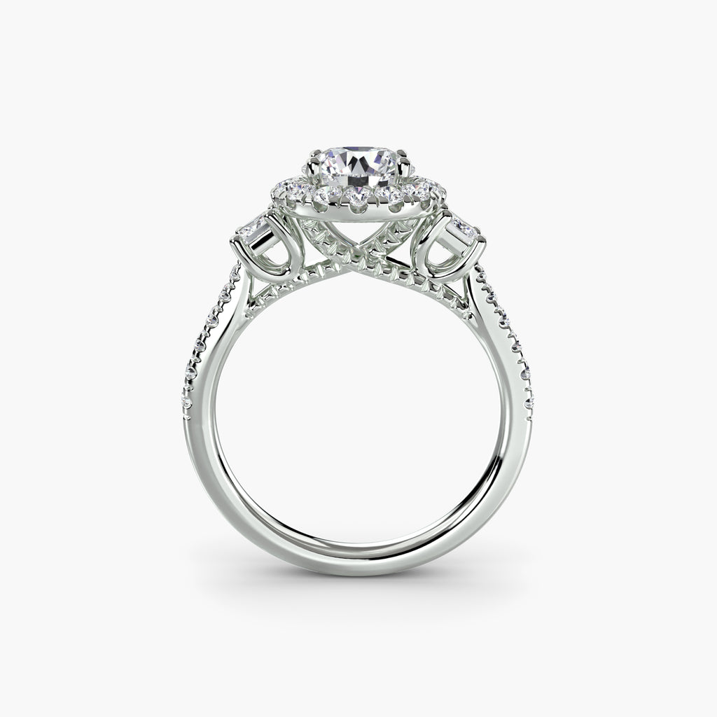 Three-Stone Ring with Halo 2 - diamond engagement ring - VYKA Diamonds