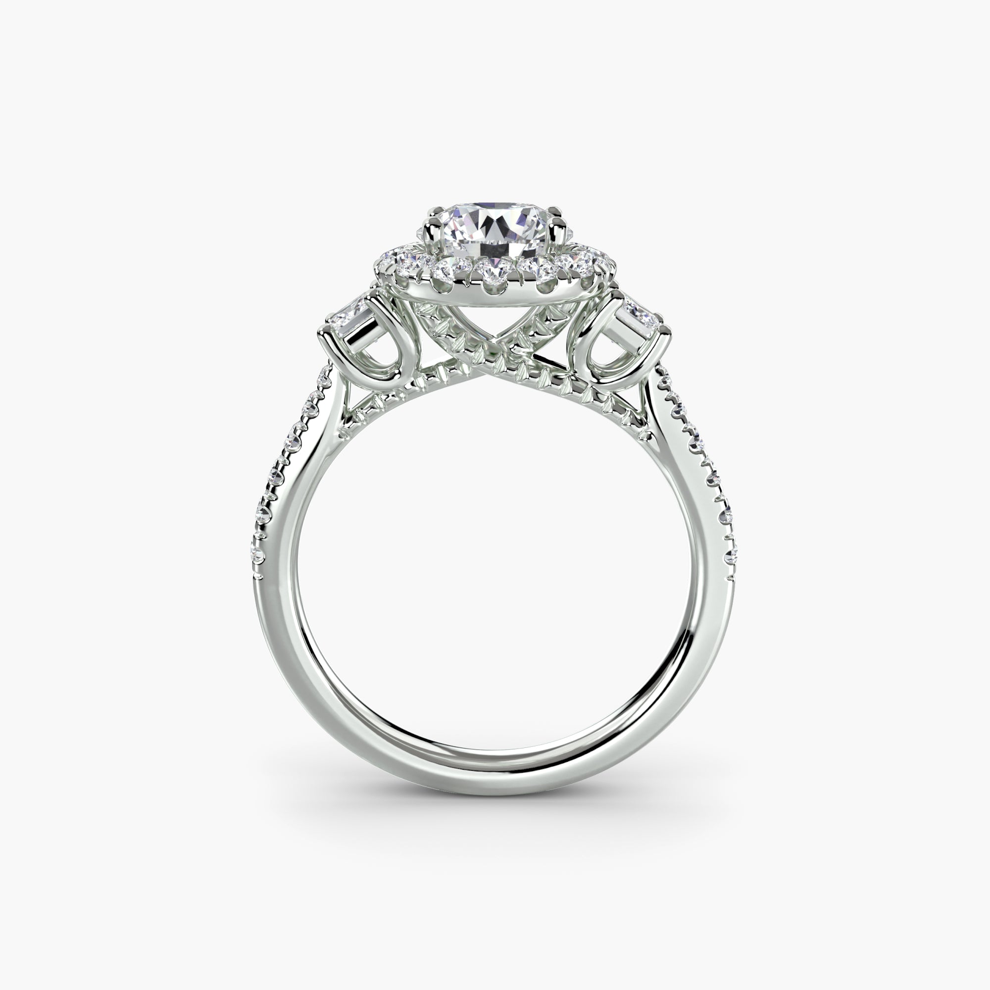 Three-Stone Ring with Halo 2 - diamond engagement ring - VYKA Diamonds