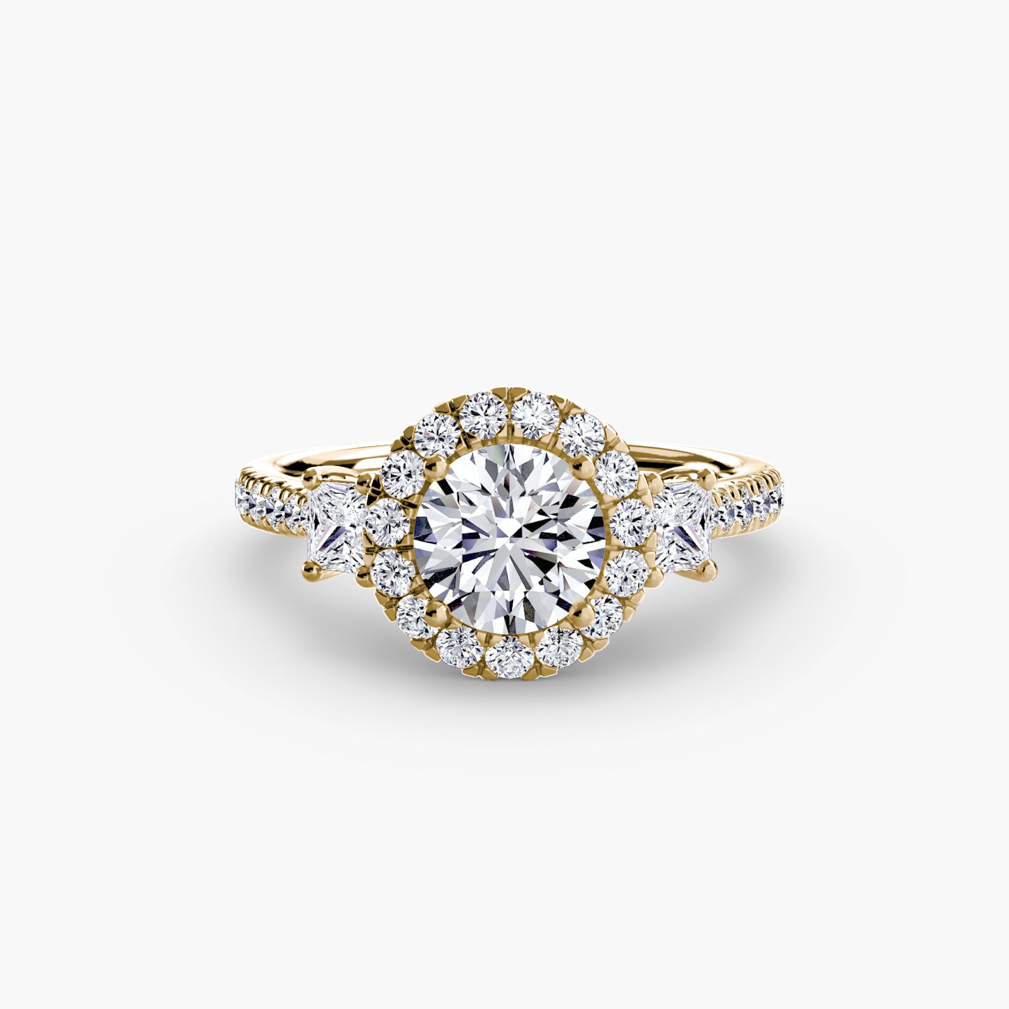 Three-Stone Ring with Halo 2 - diamond engagement ring - VYKA Diamonds