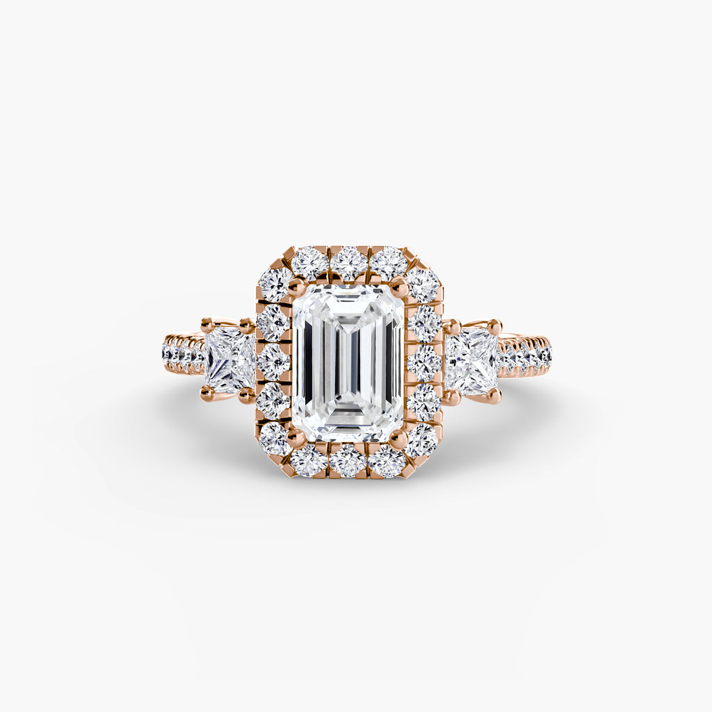 Three-Stone Ring with Halo 2 - diamond engagement ring - VYKA Diamonds
