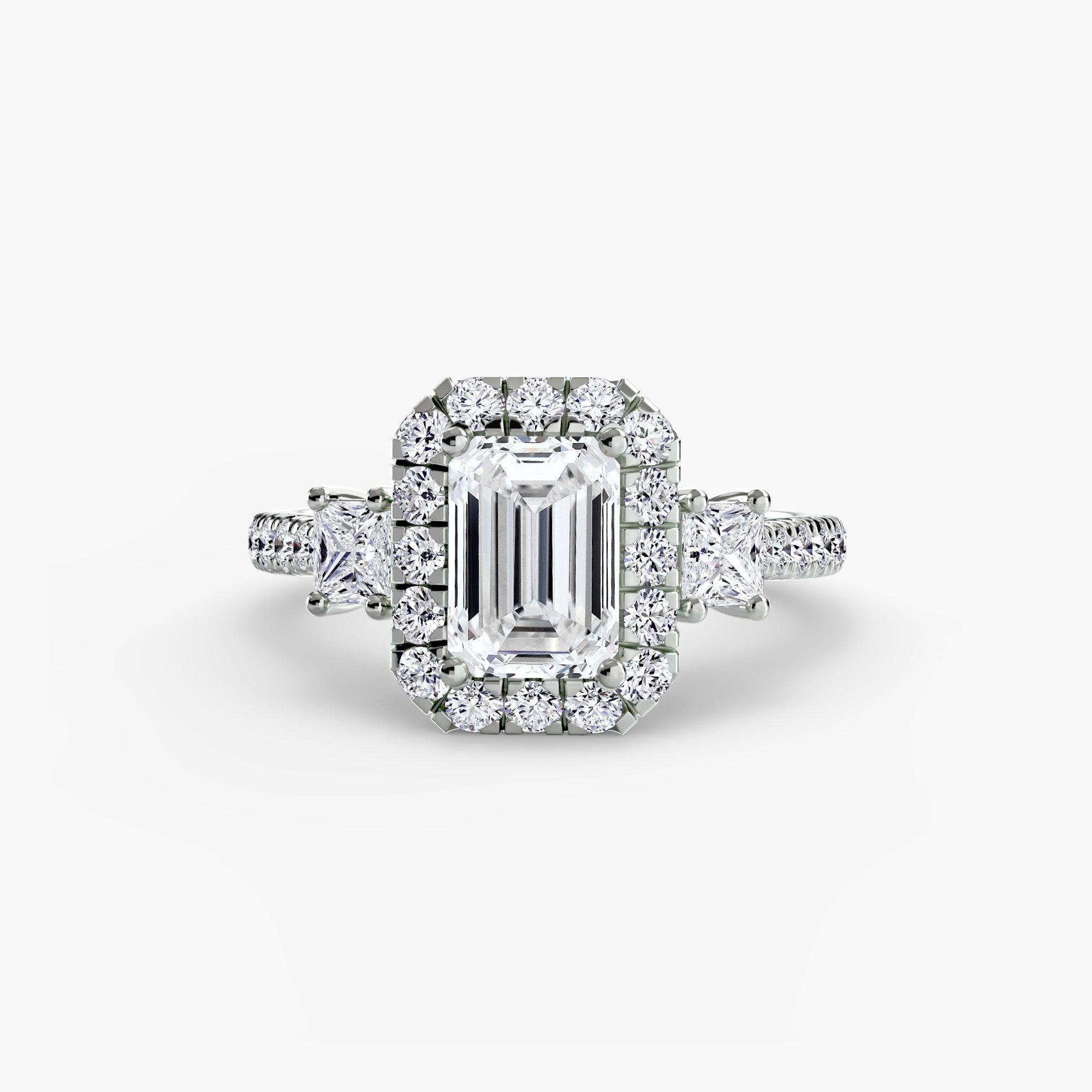 Three-Stone Ring with Halo 2 - diamond engagement ring - VYKA Diamonds