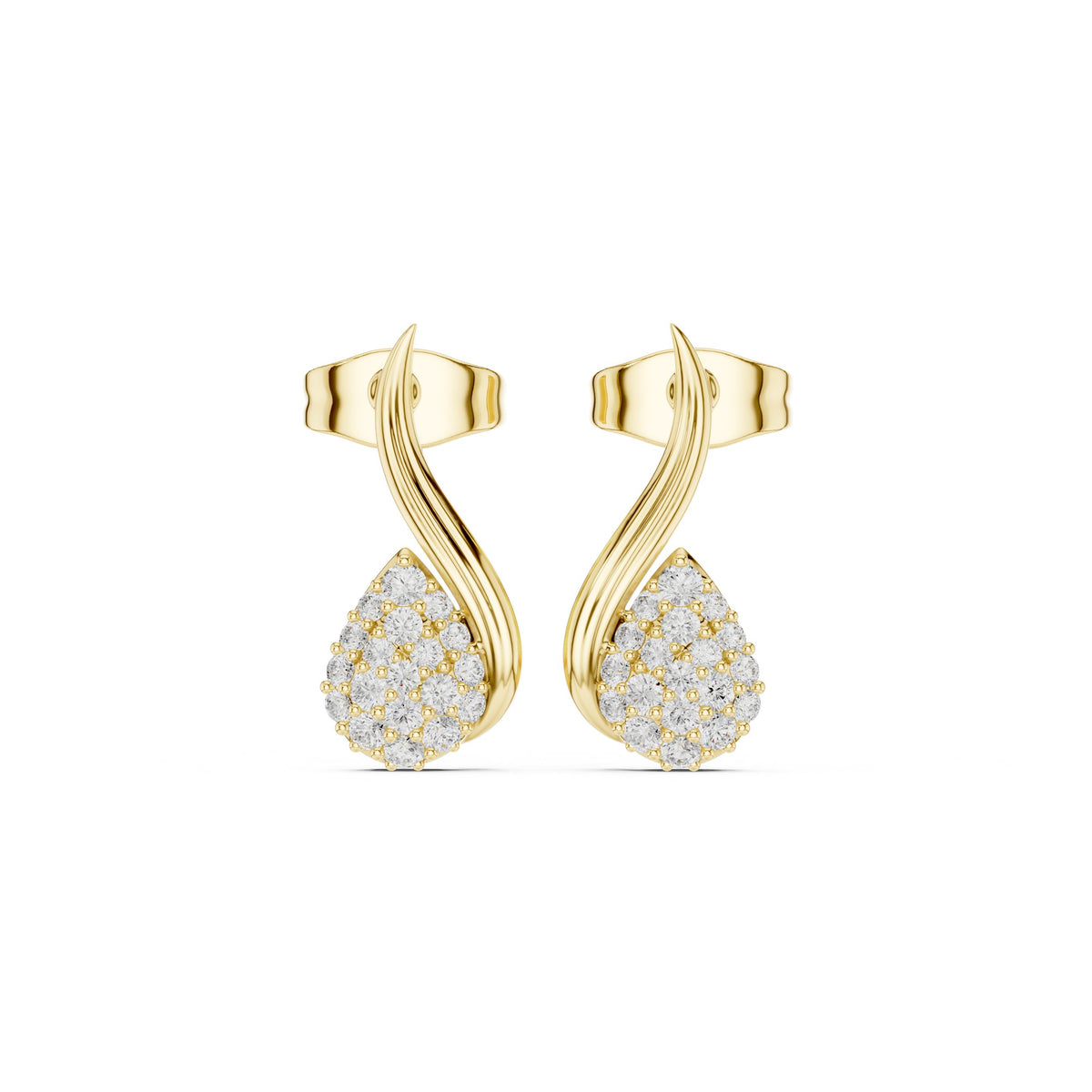 Swirl Teardrop Pave Diamond Stud Earrings in Yellow Gold - VYKA Diamonds