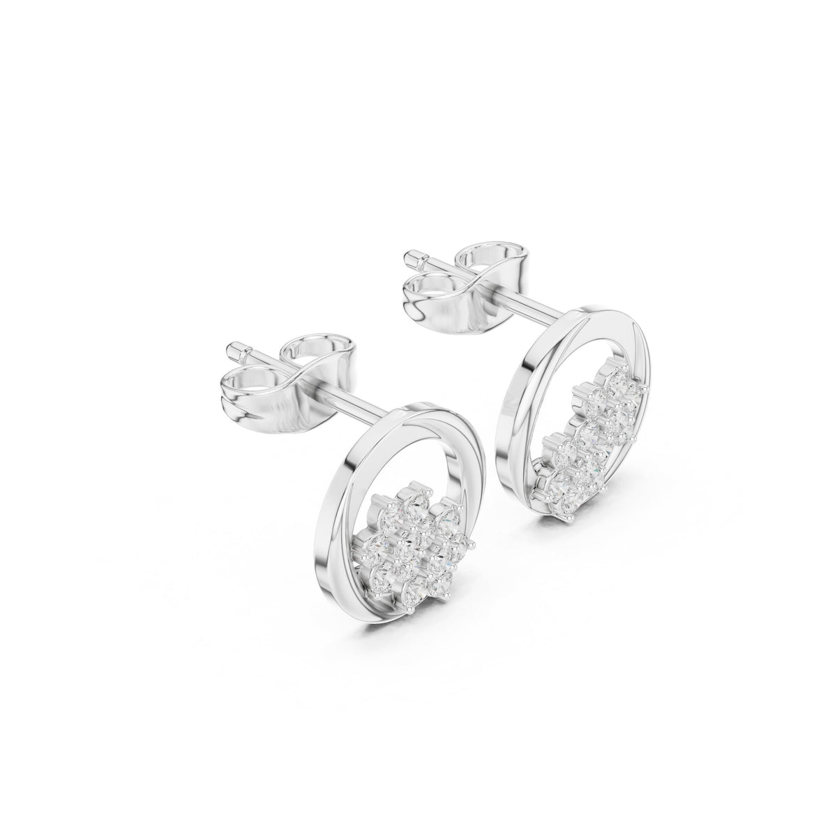 Open Circle Flower Cluster Diamond Stud Earrings in White Gold - VYKA Diamonds