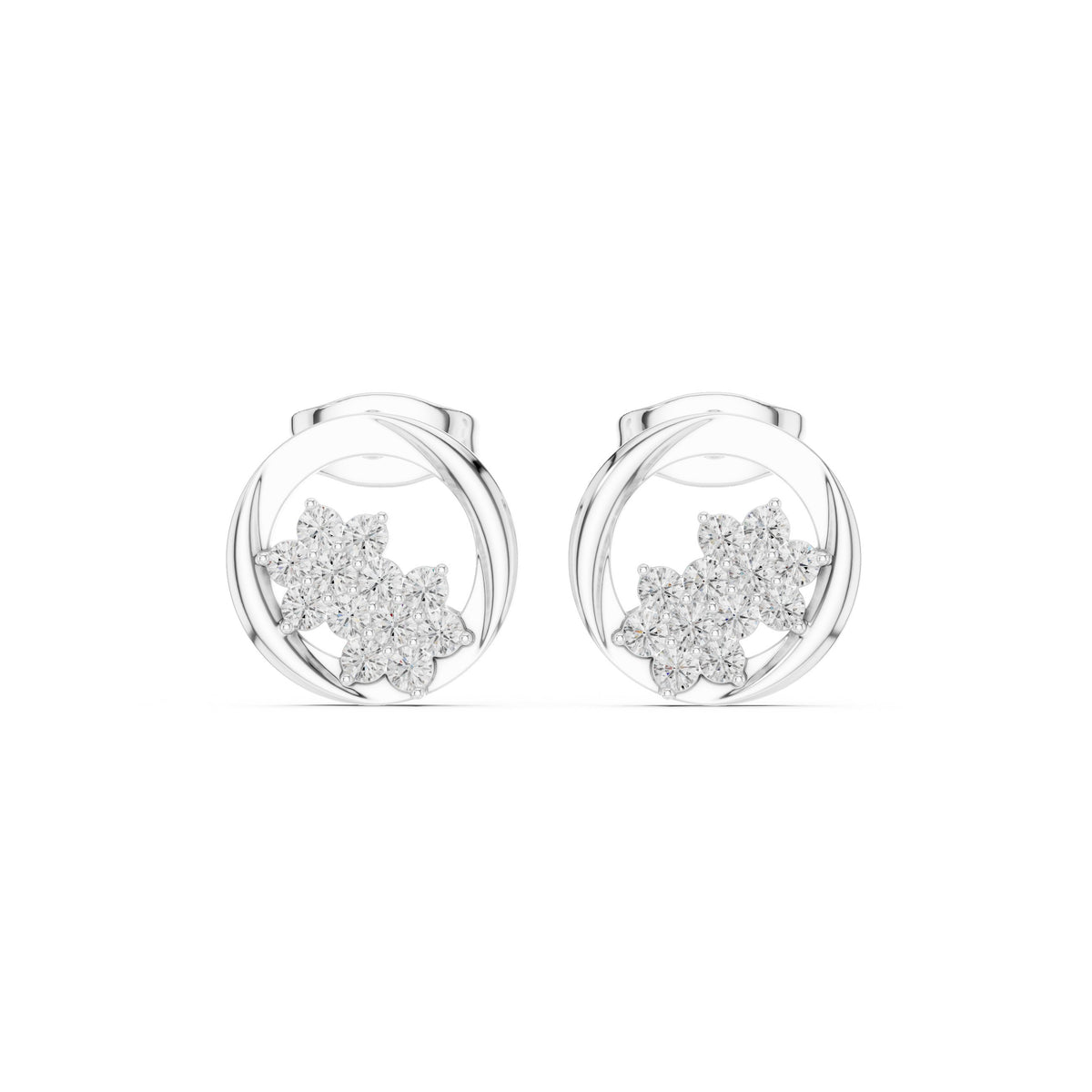 Open Circle Flower Cluster Diamond Stud Earrings in White Gold - VYKA Diamonds