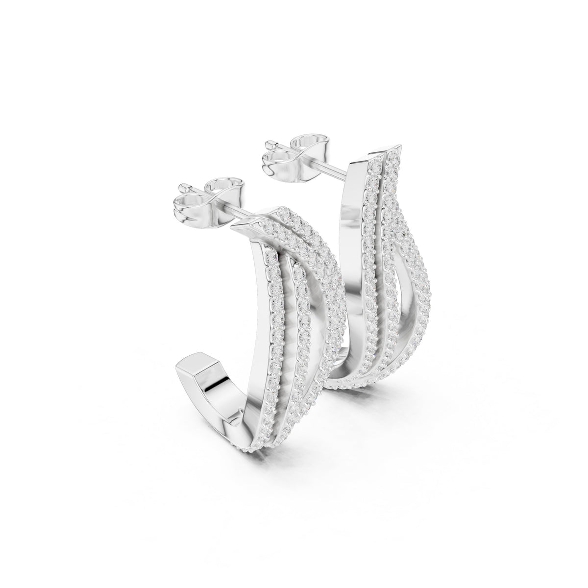 Wave Double Row Pave Diamond Hoop Earrings