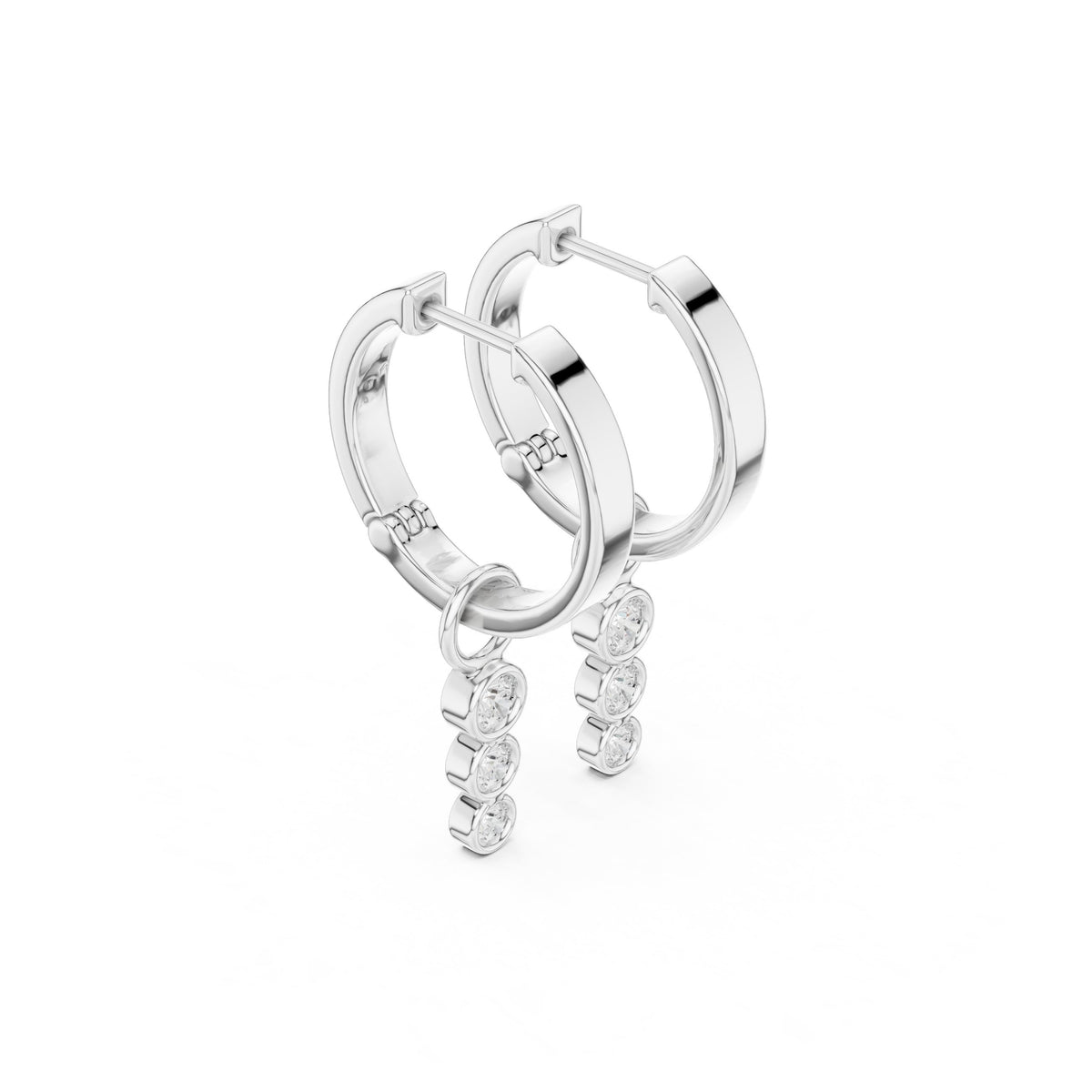 أقراط حلقية صغيرة متدلّية بثلاث ألماسات بإطار محيط in White Gold - VYKA Diamonds