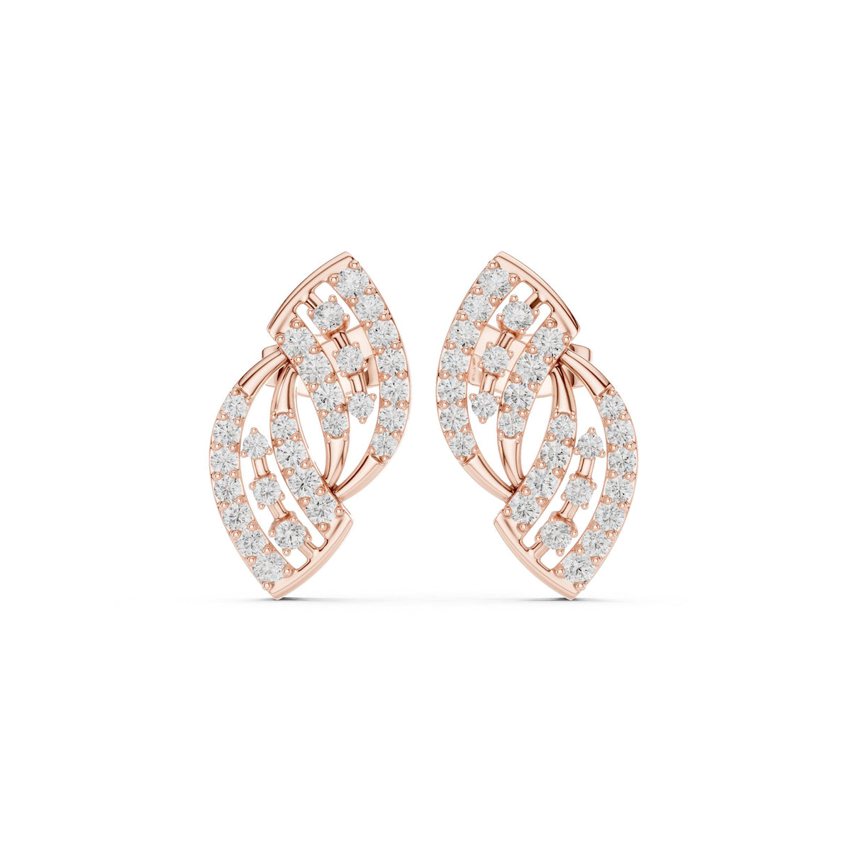 Layered Leaf Pave Diamond Stud Earrings in Rose Gold - VYKA Diamonds
