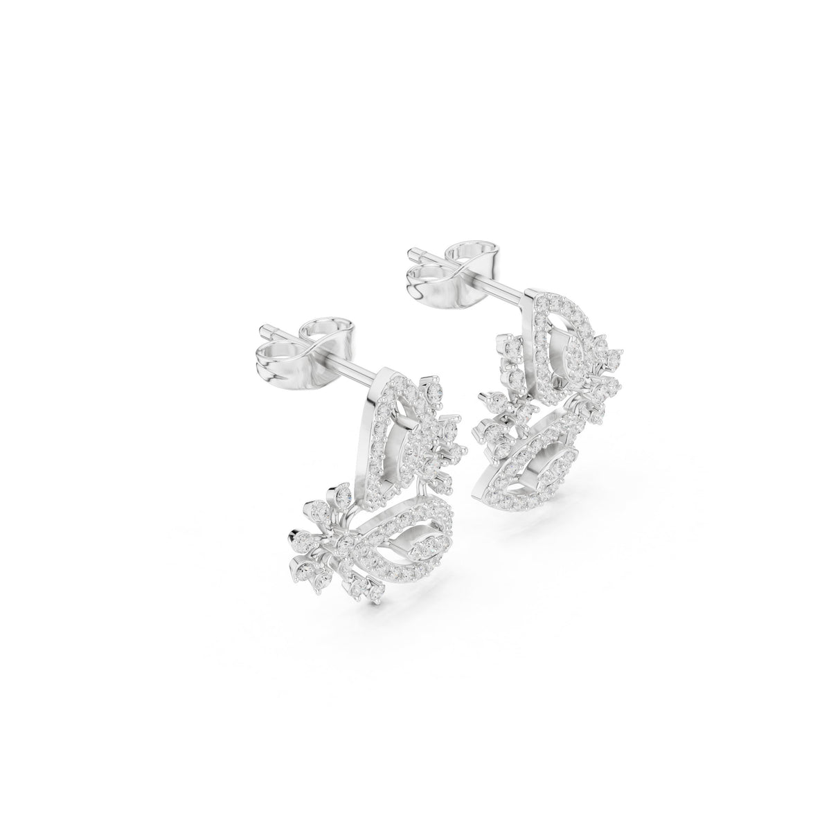 Floral Cascade Pave Diamond Stud Earrings in White Gold - VYKA Diamonds