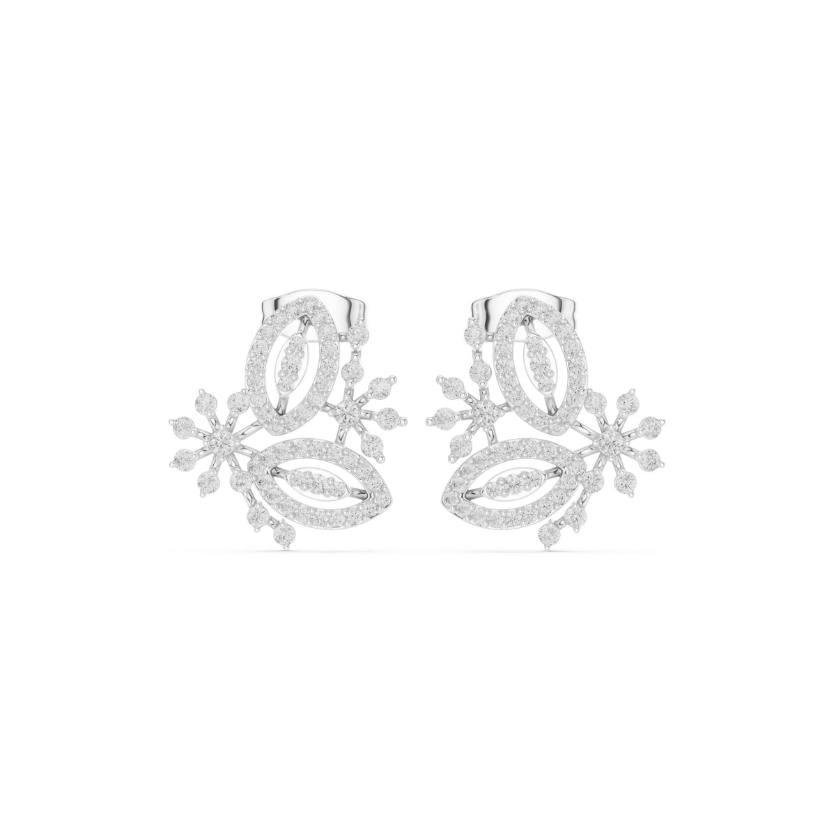 Floral Cascade Pave Diamond Stud Earrings in White Gold - VYKA Diamonds