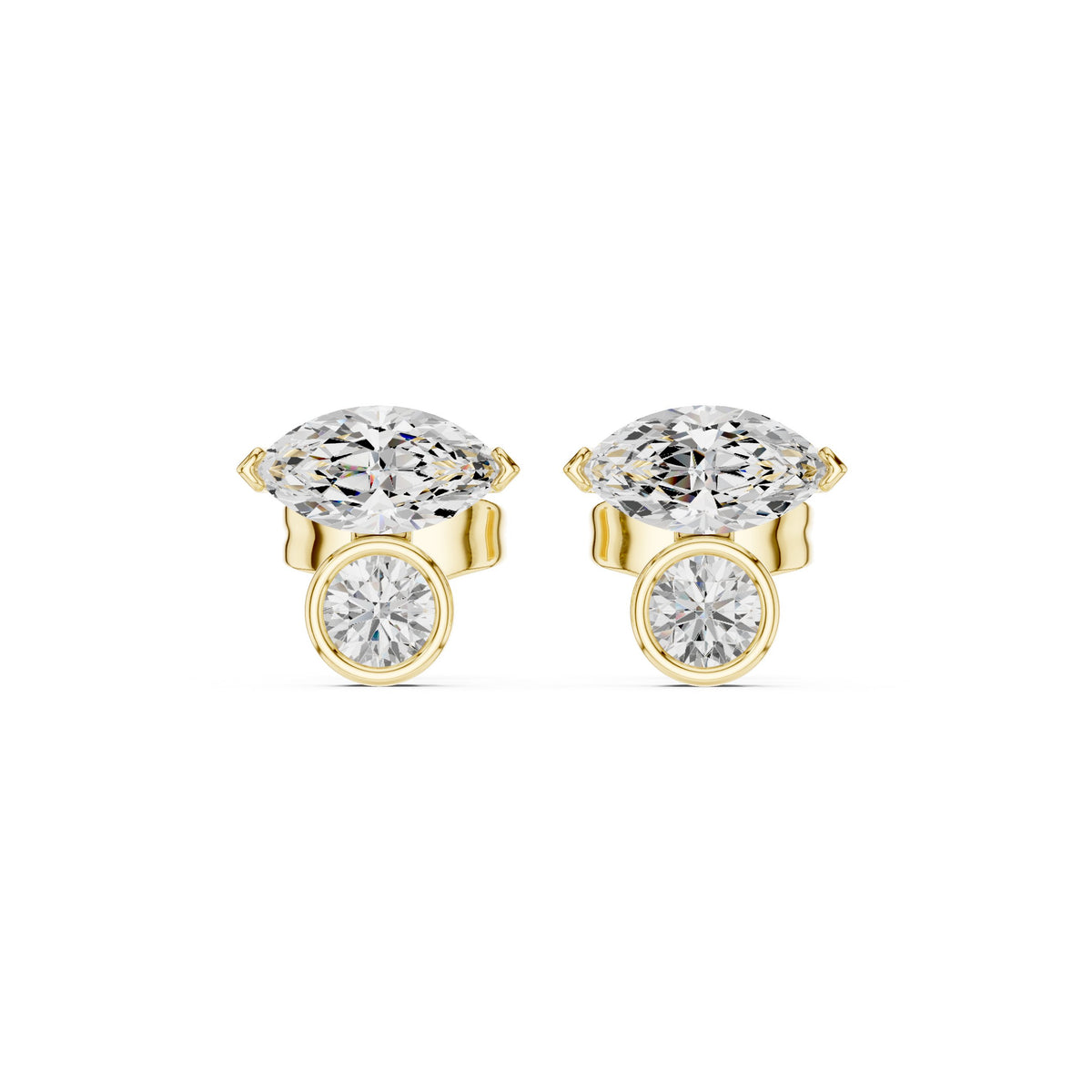 Marquise and Bezel Round Toi et Moi Diamond Stud Earrings in Yellow Gold - VYKA Diamonds