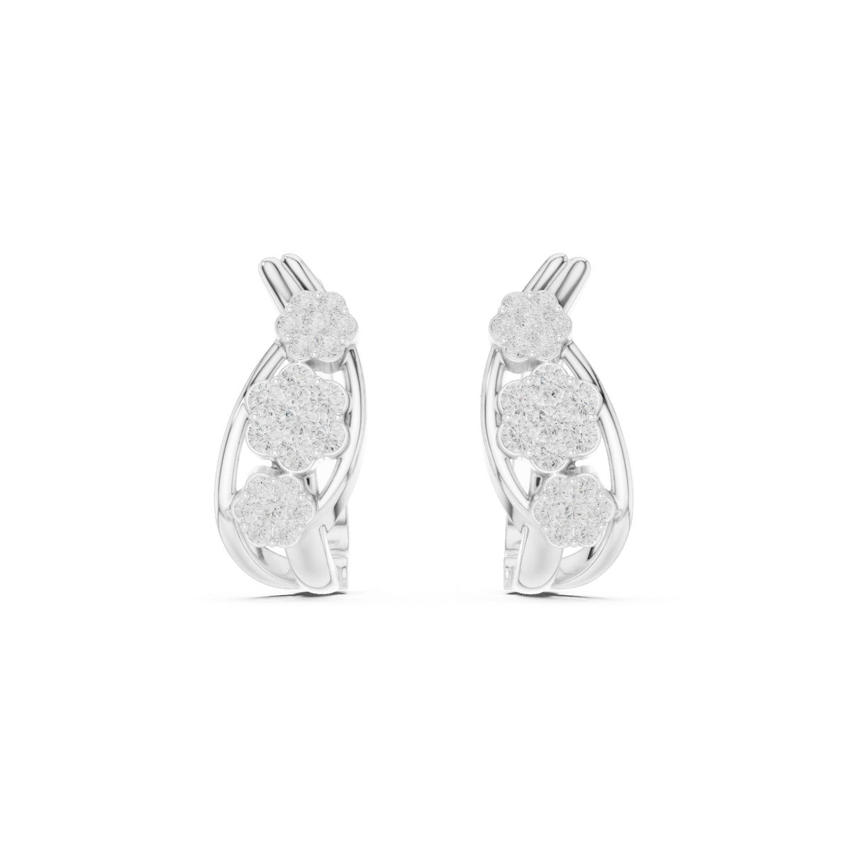 Triple Rosette Diamond Hoop Earrings in White Gold - VYKA Diamonds