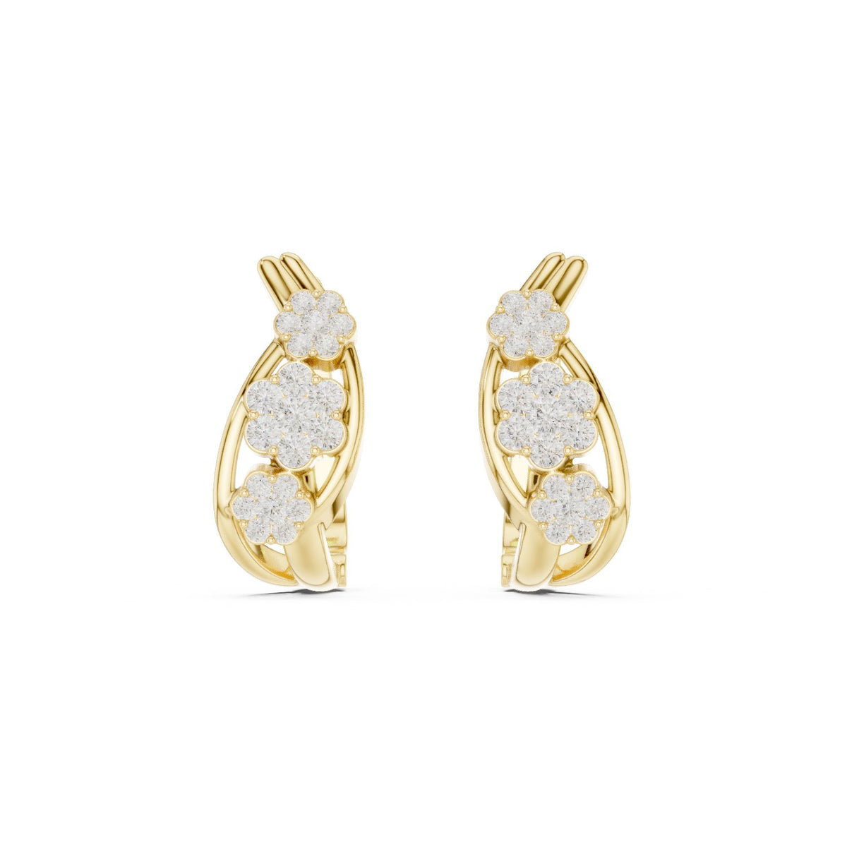 Triple Rosette Diamond Hoop Earrings in Yellow Gold - VYKA Diamonds