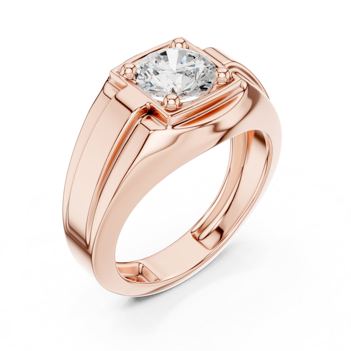 Round Diamond Men's Ring with Square Gold Frame in Rose Gold - VYKA Diamonds