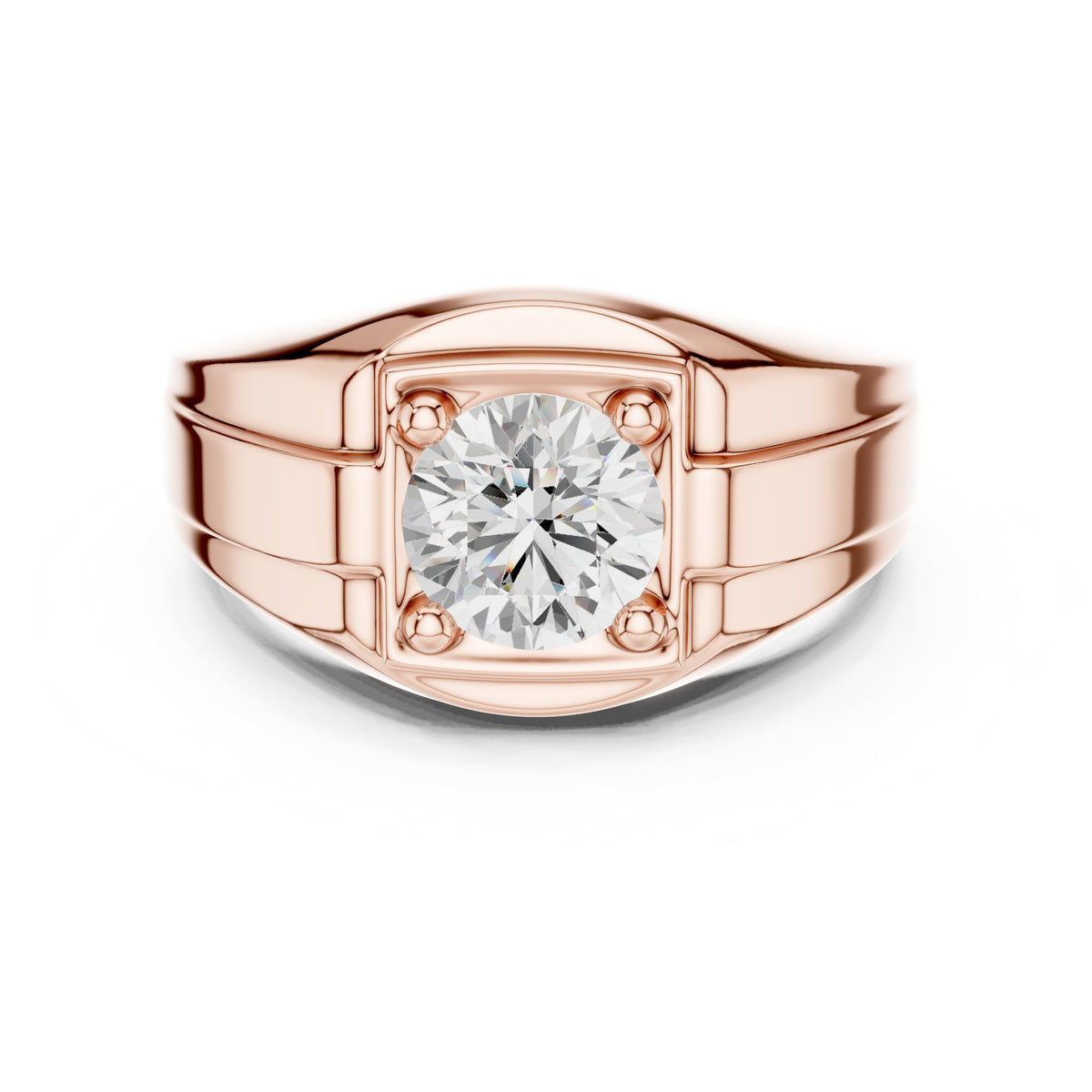 Round Diamond Men's Ring with Square Gold Frame in Rose Gold - VYKA Diamonds