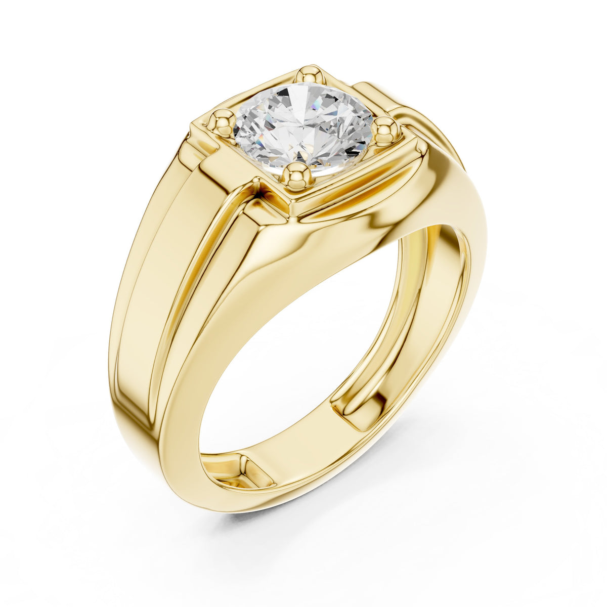 Round Diamond Men's Ring with Square Gold Frame in Yellow Gold - VYKA Diamonds