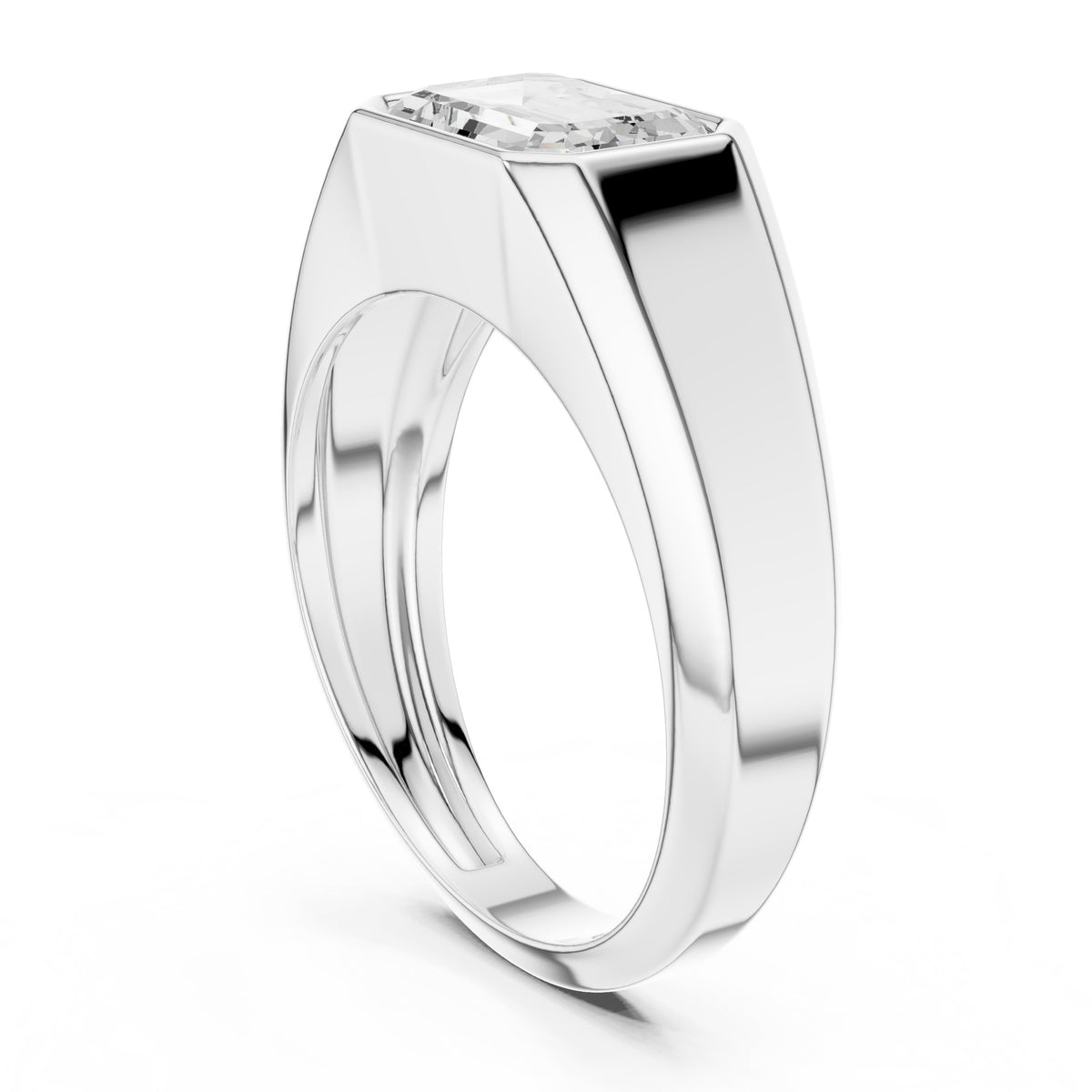 East-West Emerald Cut Diamond Signet Men's Ring in White Gold - VYKA Diamonds