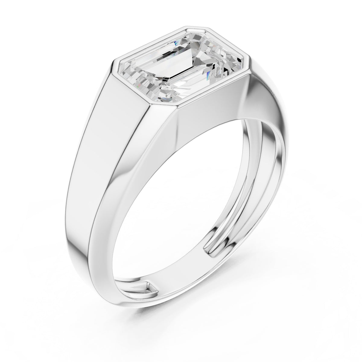 East-West Emerald Cut Diamond Signet Men's Ring in White Gold - VYKA Diamonds
