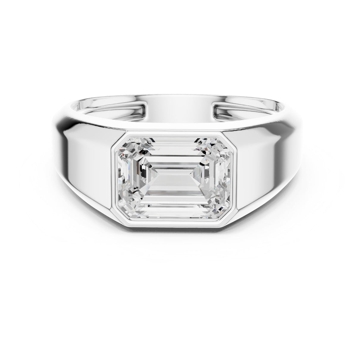 East-West Emerald Cut Diamond Signet Men's Ring in White Gold - VYKA Diamonds