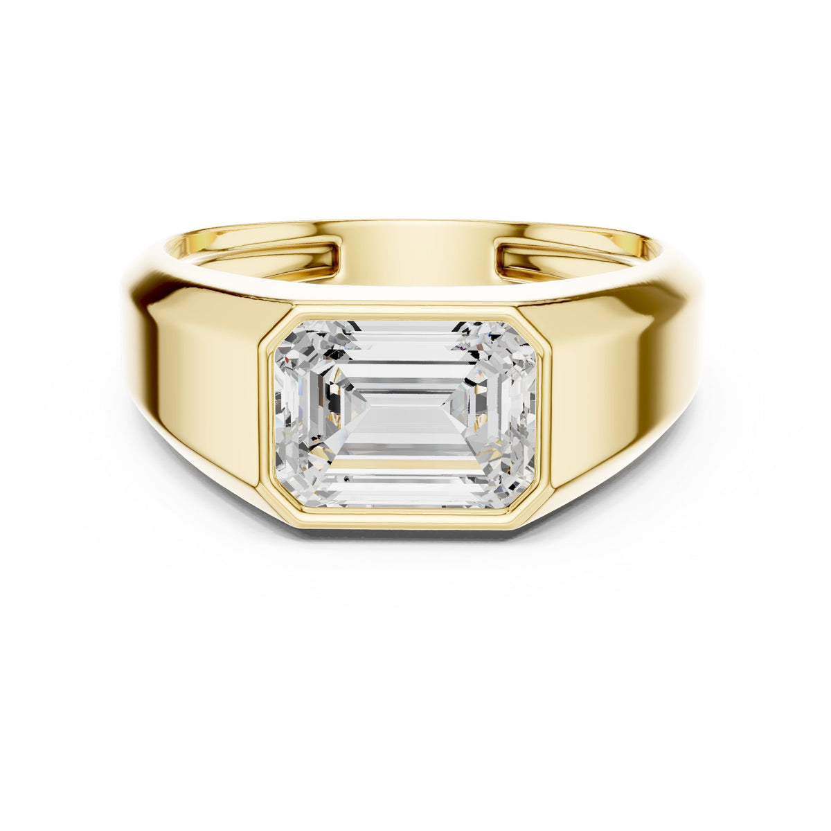 East-West Emerald Cut Diamond Signet Men's Ring in Yellow Gold - VYKA Diamonds