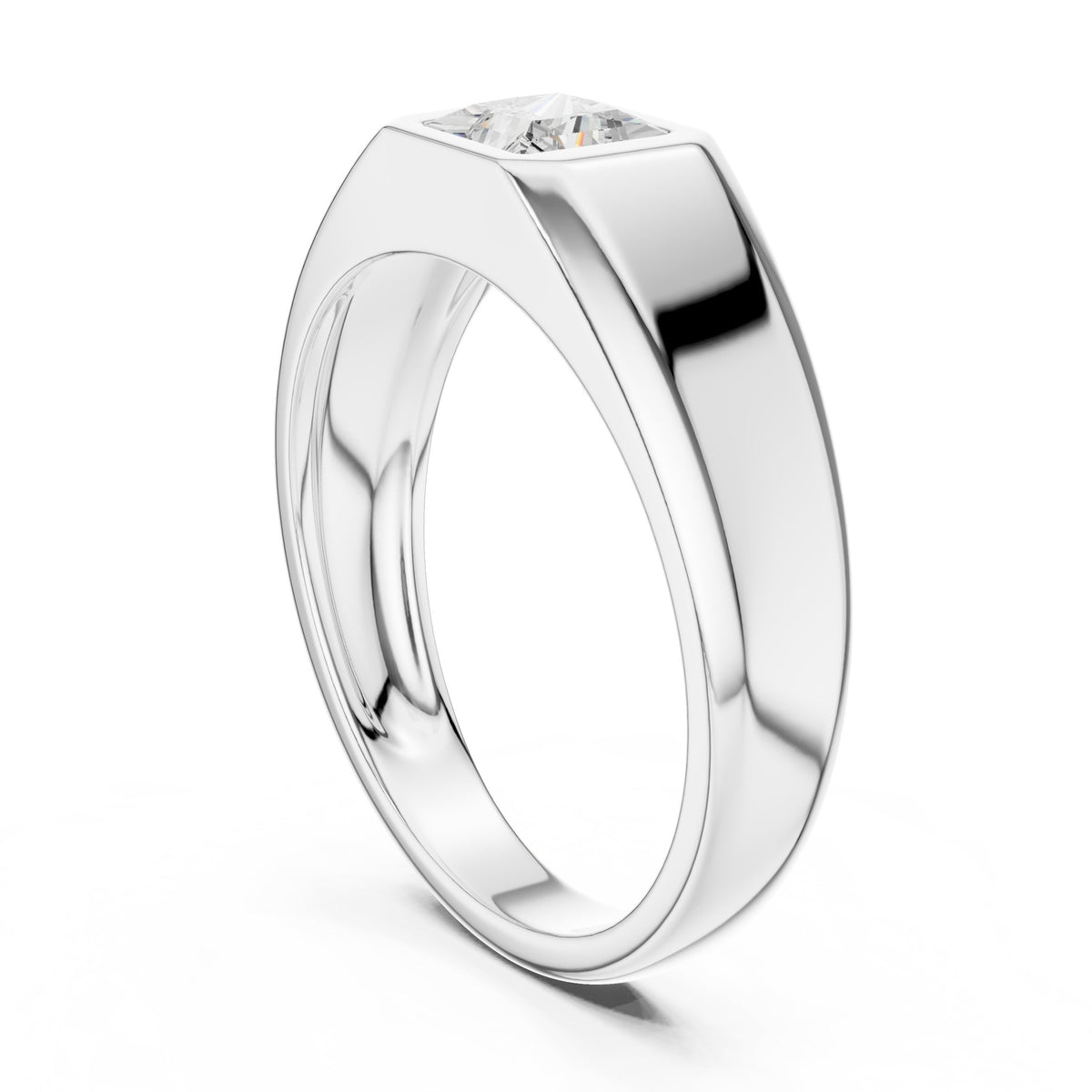 Princess Diamond Bezel Signet Men's Ring in White Gold - VYKA Diamonds