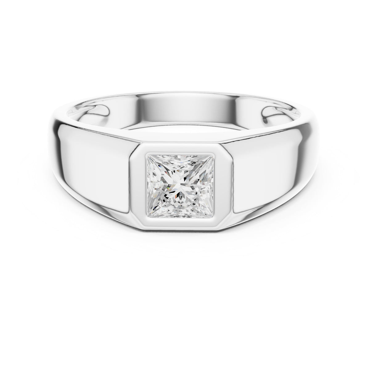 Princess Diamond Bezel Signet Men's Ring in White Gold - VYKA Diamonds