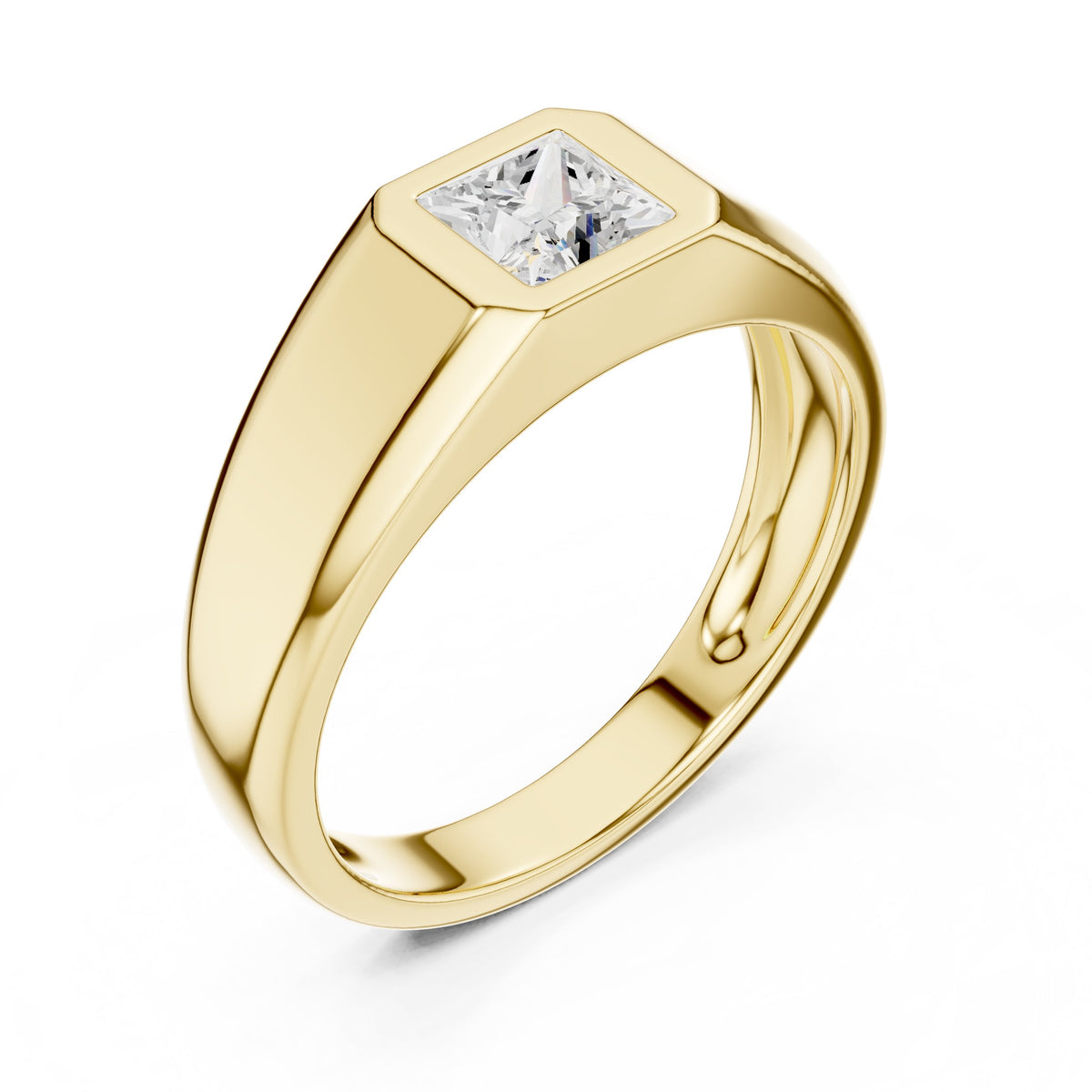Princess Diamond Bezel Signet Men's Ring in Yellow Gold - VYKA Diamonds
