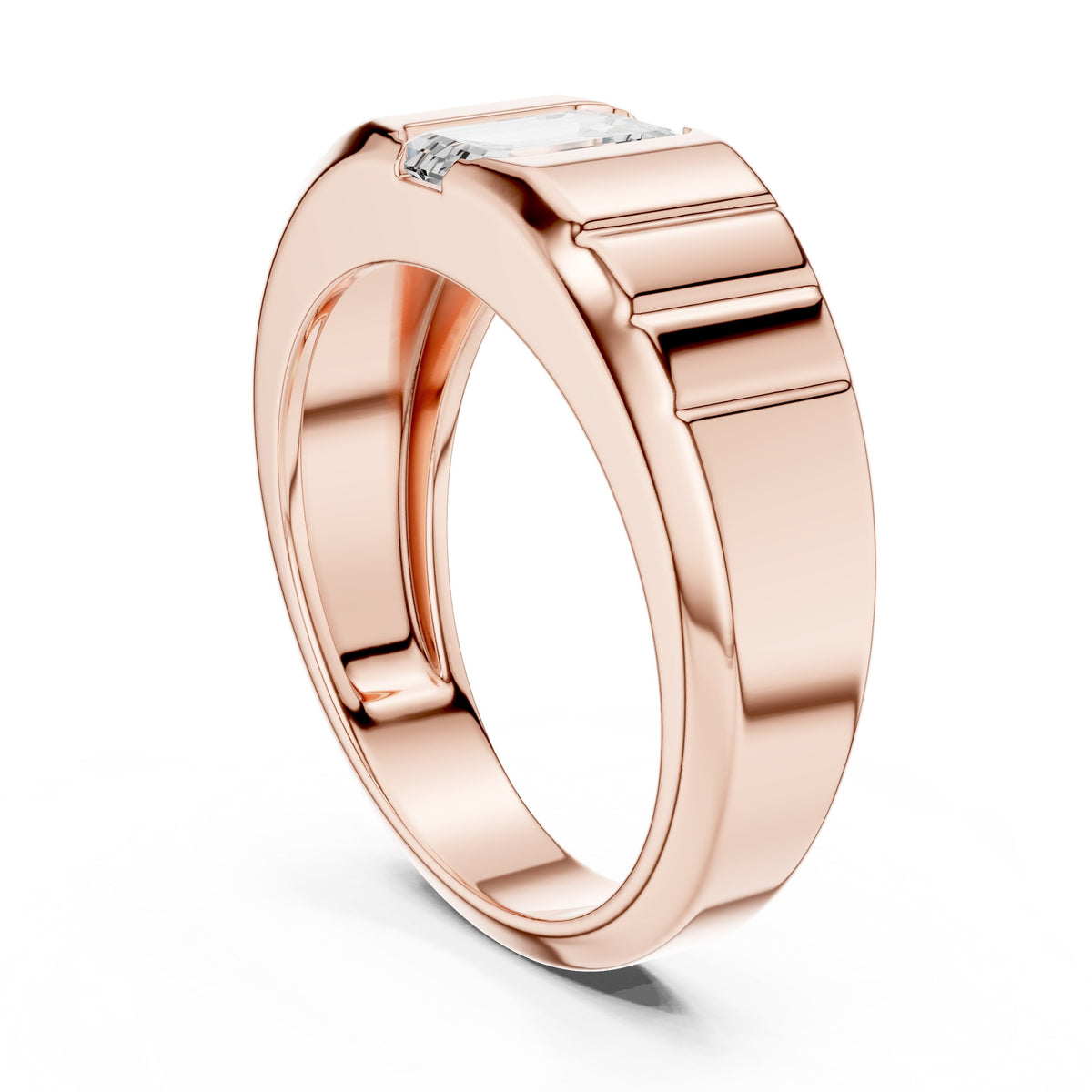 Emerald Cut Diamond Men's Ring with Fluted Shoulders in Rose Gold - VYKA Diamonds
