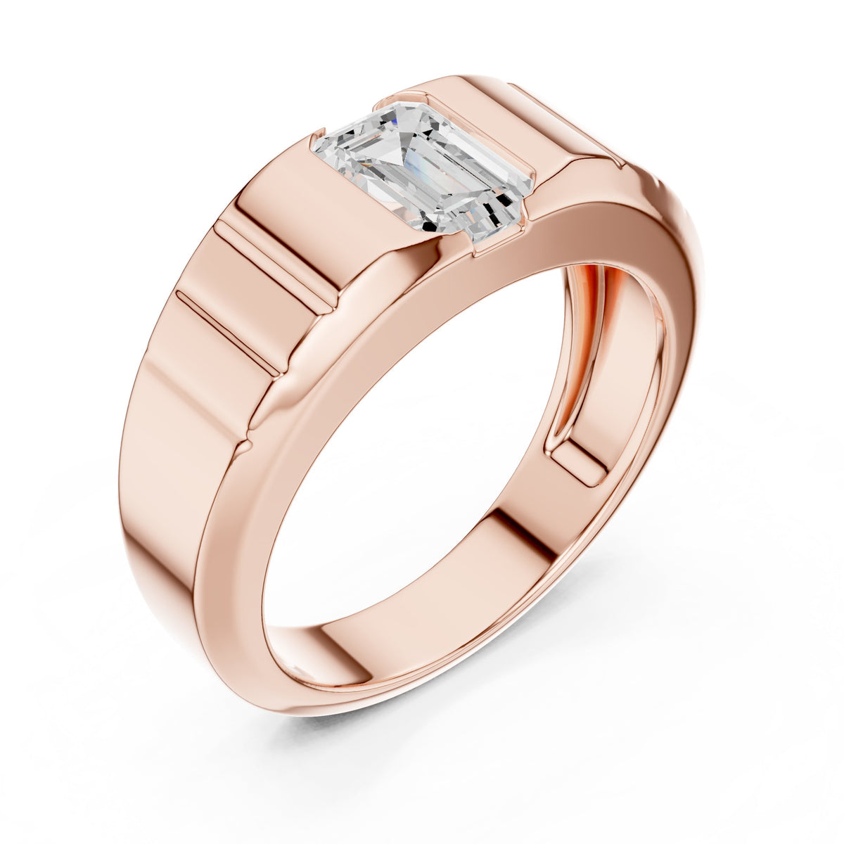 Emerald Cut Diamond Men's Ring with Fluted Shoulders in Rose Gold - VYKA Diamonds