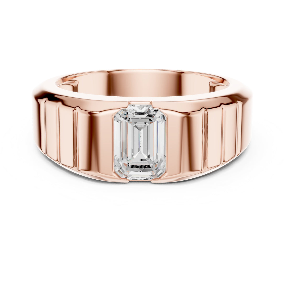 Emerald Cut Diamond Men's Ring with Fluted Shoulders