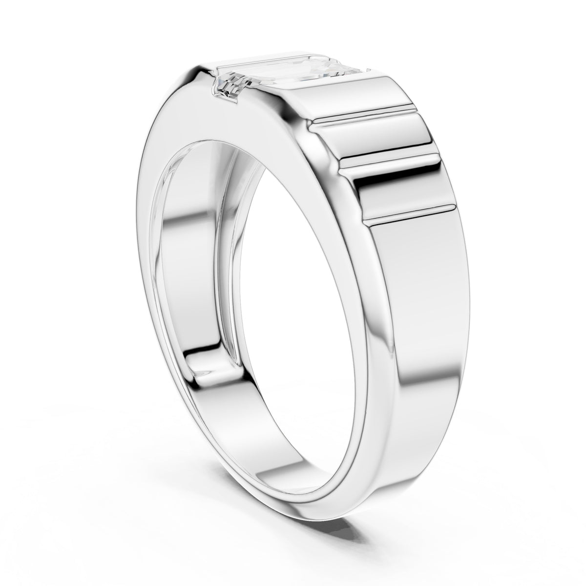 Emerald Cut Diamond Men's Ring with Fluted Shoulders in White Gold - VYKA Diamonds