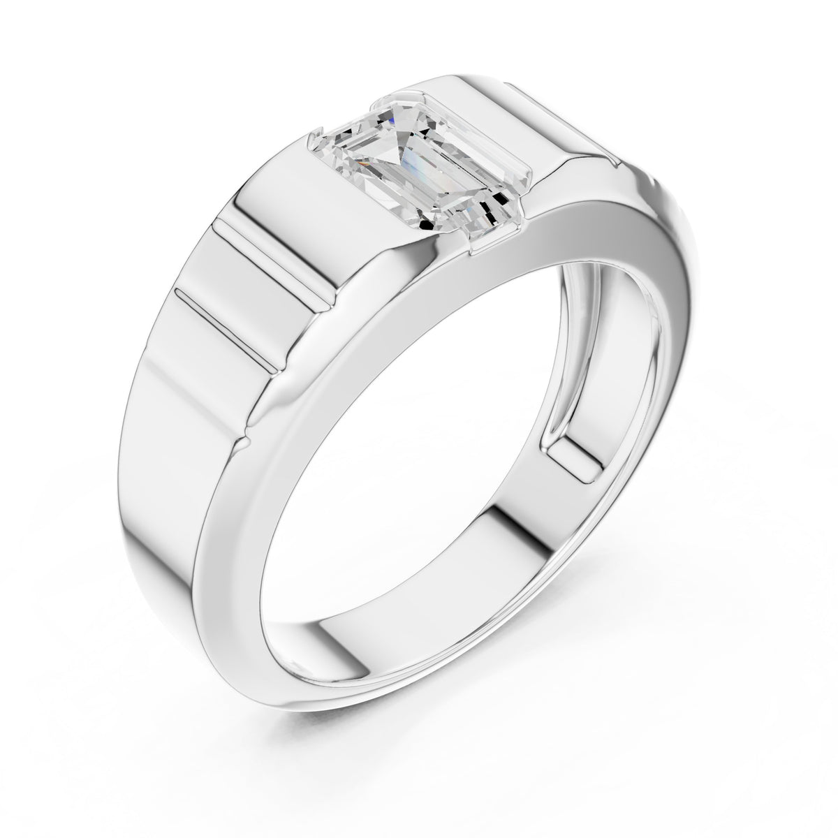 Emerald Cut Diamond Men's Ring with Fluted Shoulders in White Gold - VYKA Diamonds