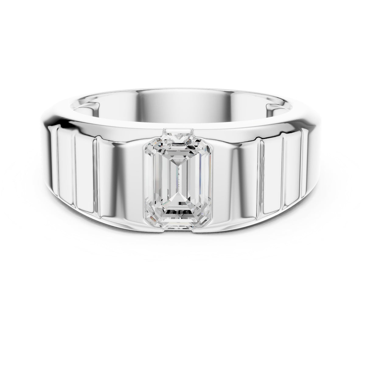 Emerald Cut Diamond Men's Ring with Fluted Shoulders