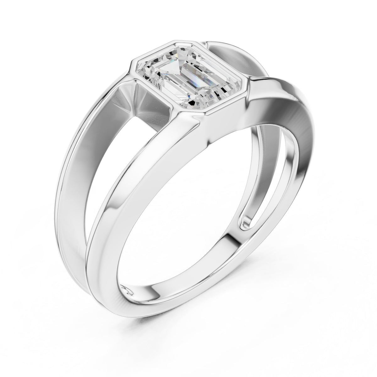 Split Shank Emerald Cut Diamond Ring in White Gold - VYKA Diamonds