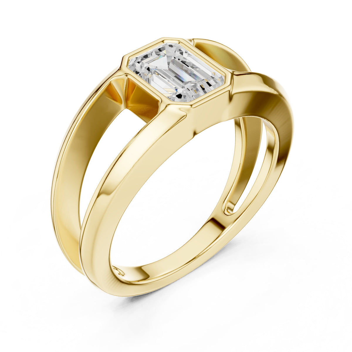 Split Shank Emerald Cut Diamond Ring in Yellow Gold - VYKA Diamonds
