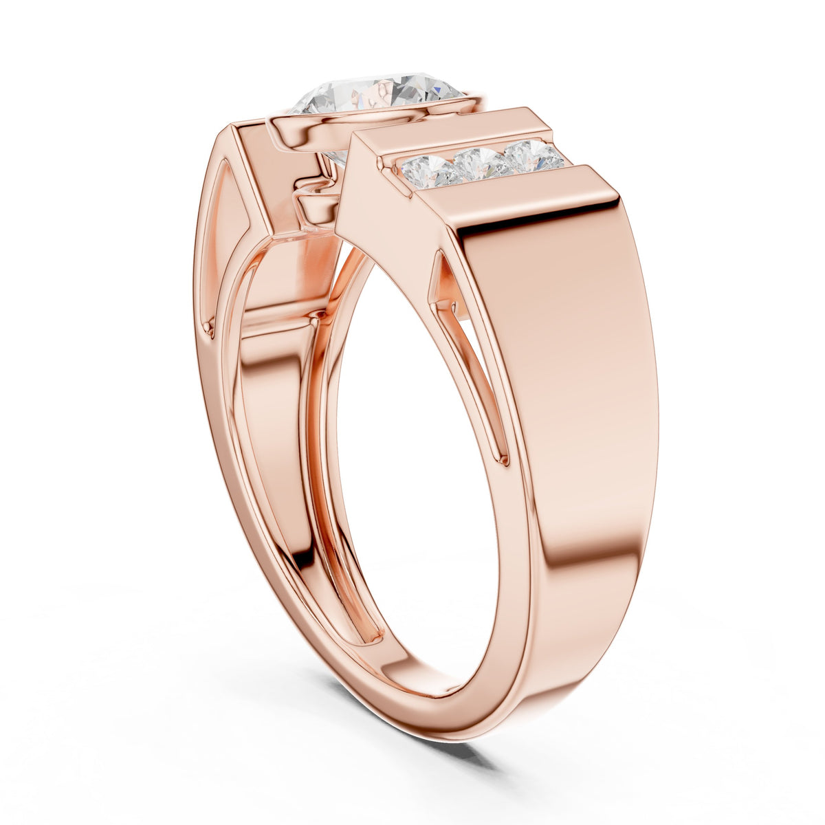 Bezel Round Diamond Men's Ring with Channel Shoulders in Rose Gold - VYKA Diamonds