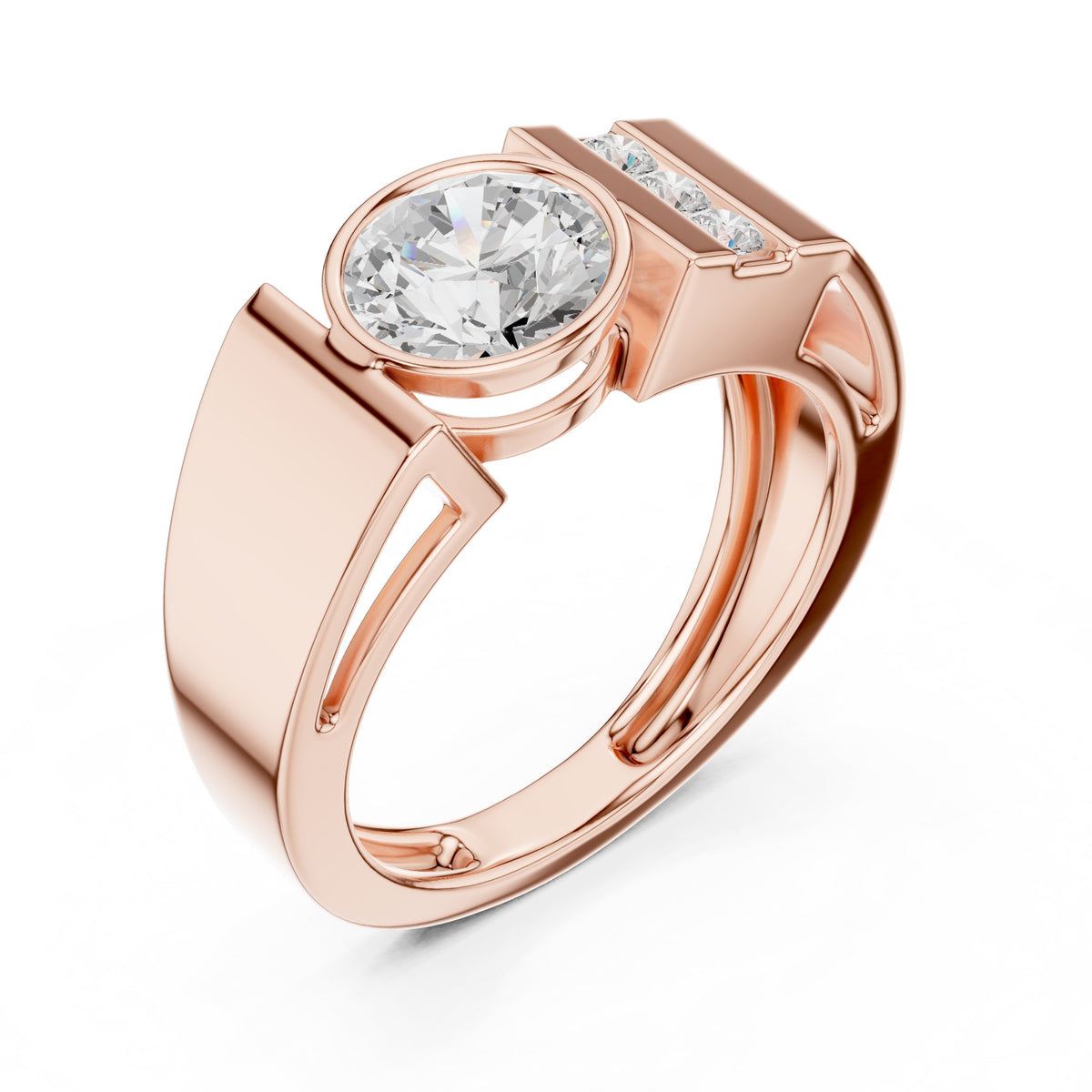 Bezel Round Diamond Men's Ring with Channel Shoulders in Rose Gold - VYKA Diamonds