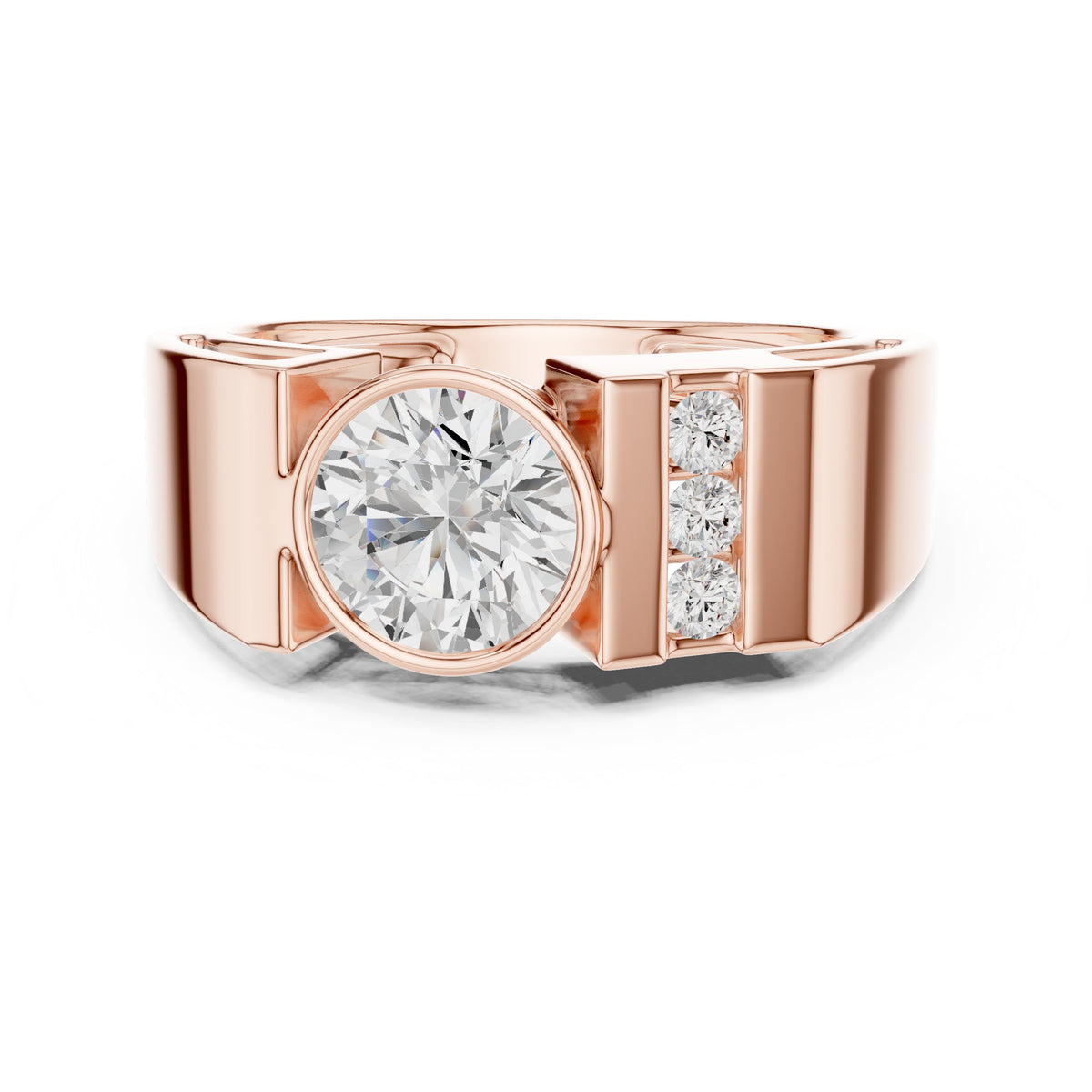 Bezel Round Diamond Men's Ring with Channel Shoulders in Rose Gold - VYKA Diamonds