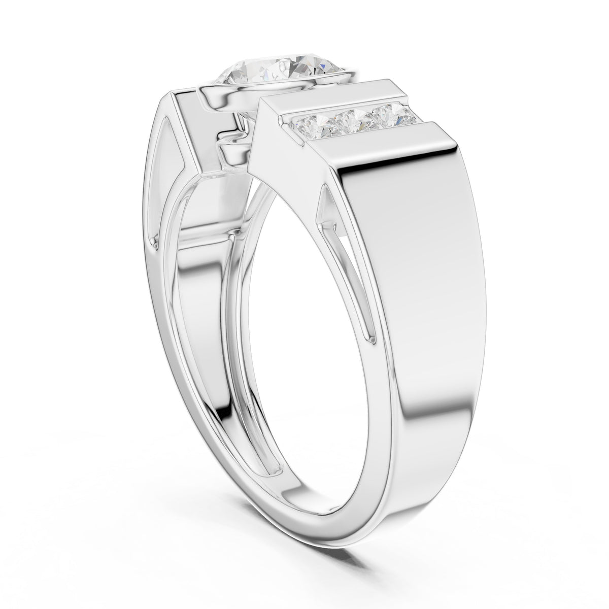 Bezel Round Diamond Men's Ring with Channel Shoulders in White Gold - VYKA Diamonds