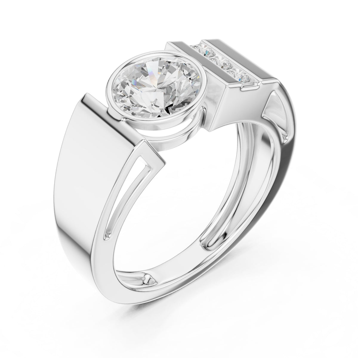 Bezel Round Diamond Men's Ring with Channel Shoulders