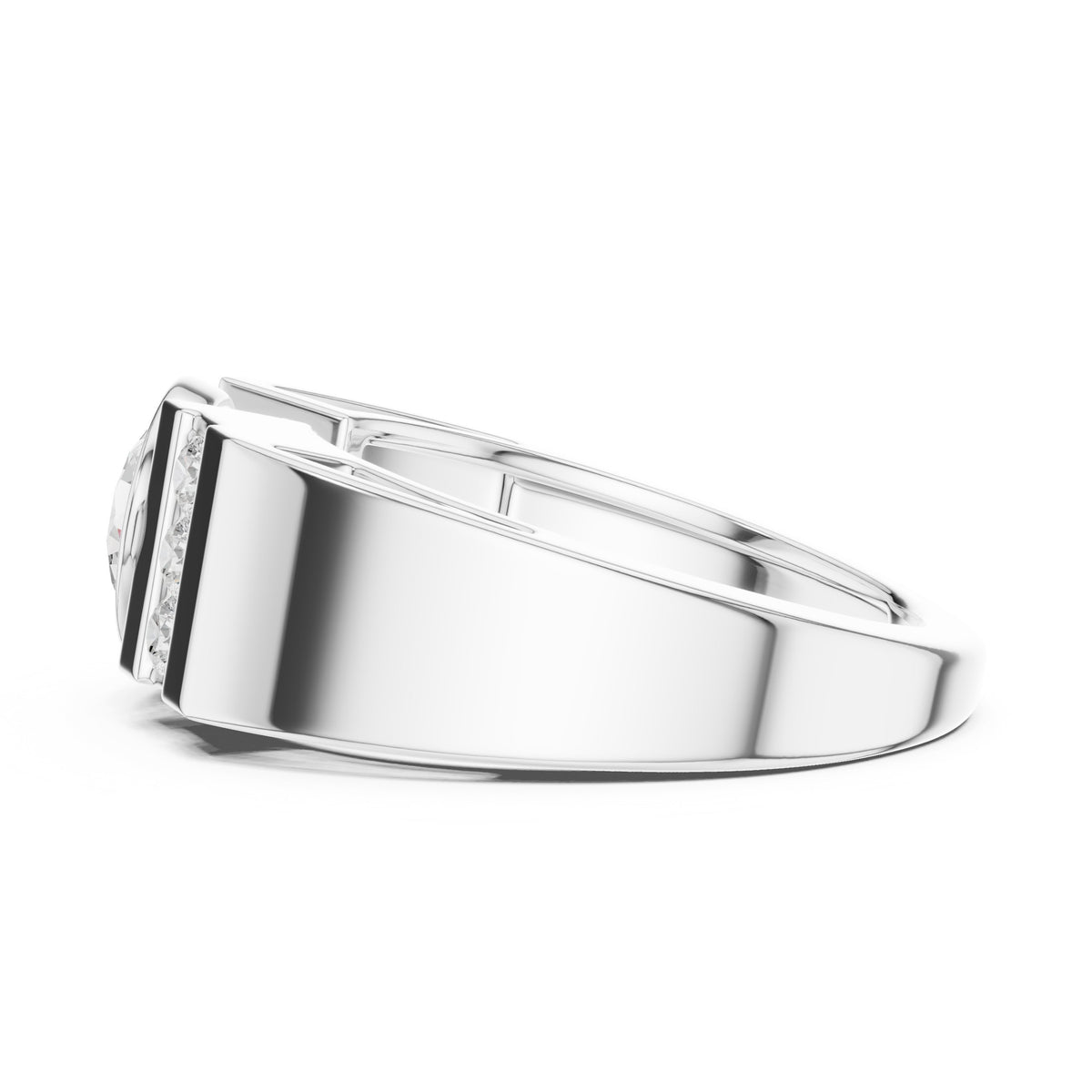 Bezel Round Diamond Men's Ring with Channel Shoulders in White Gold - VYKA Diamonds