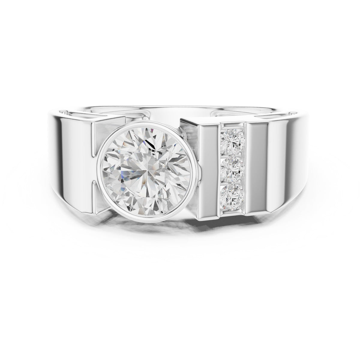 Bezel Round Diamond Men's Ring with Channel Shoulders