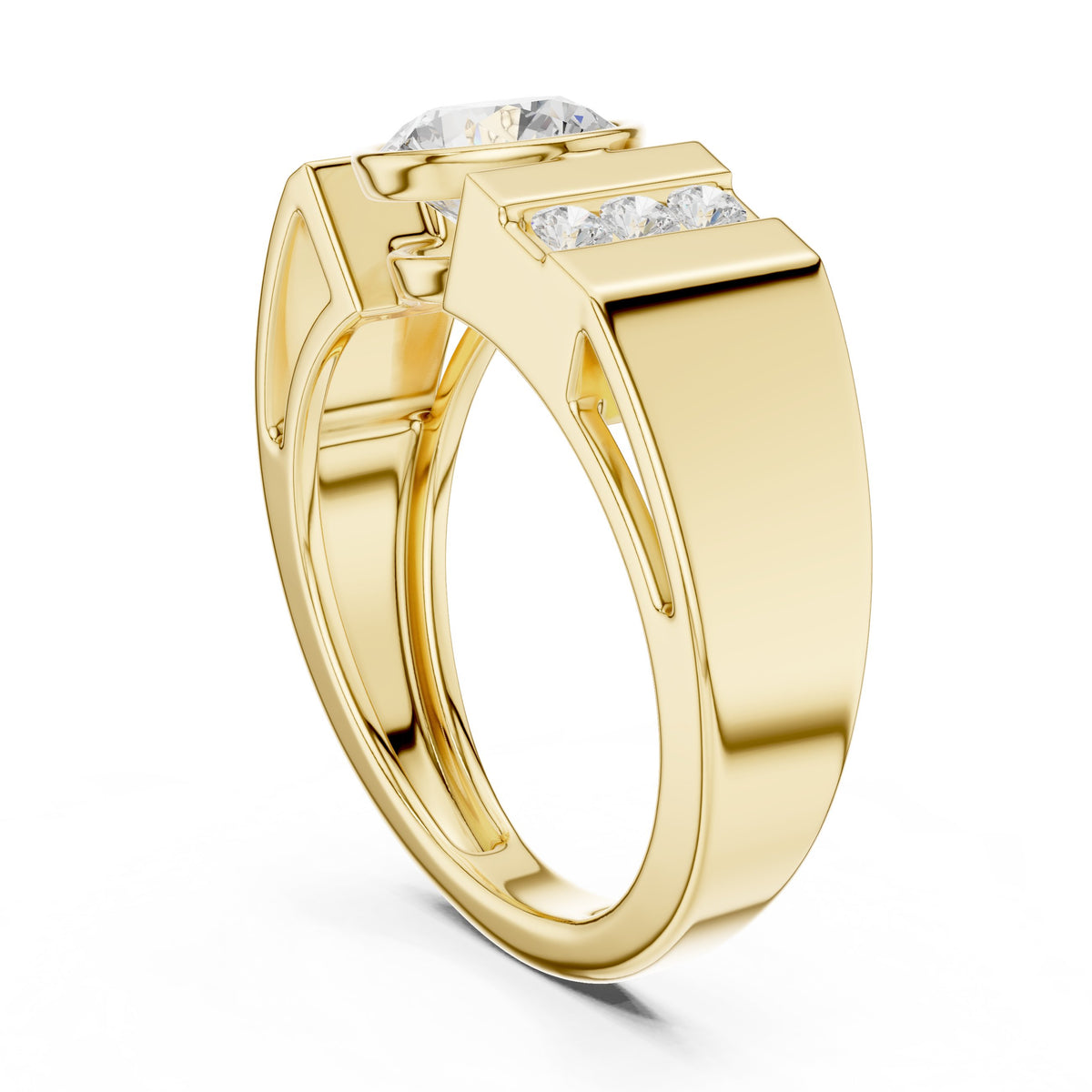 Bezel Round Diamond Men's Ring with Channel Shoulders in Yellow Gold - VYKA Diamonds