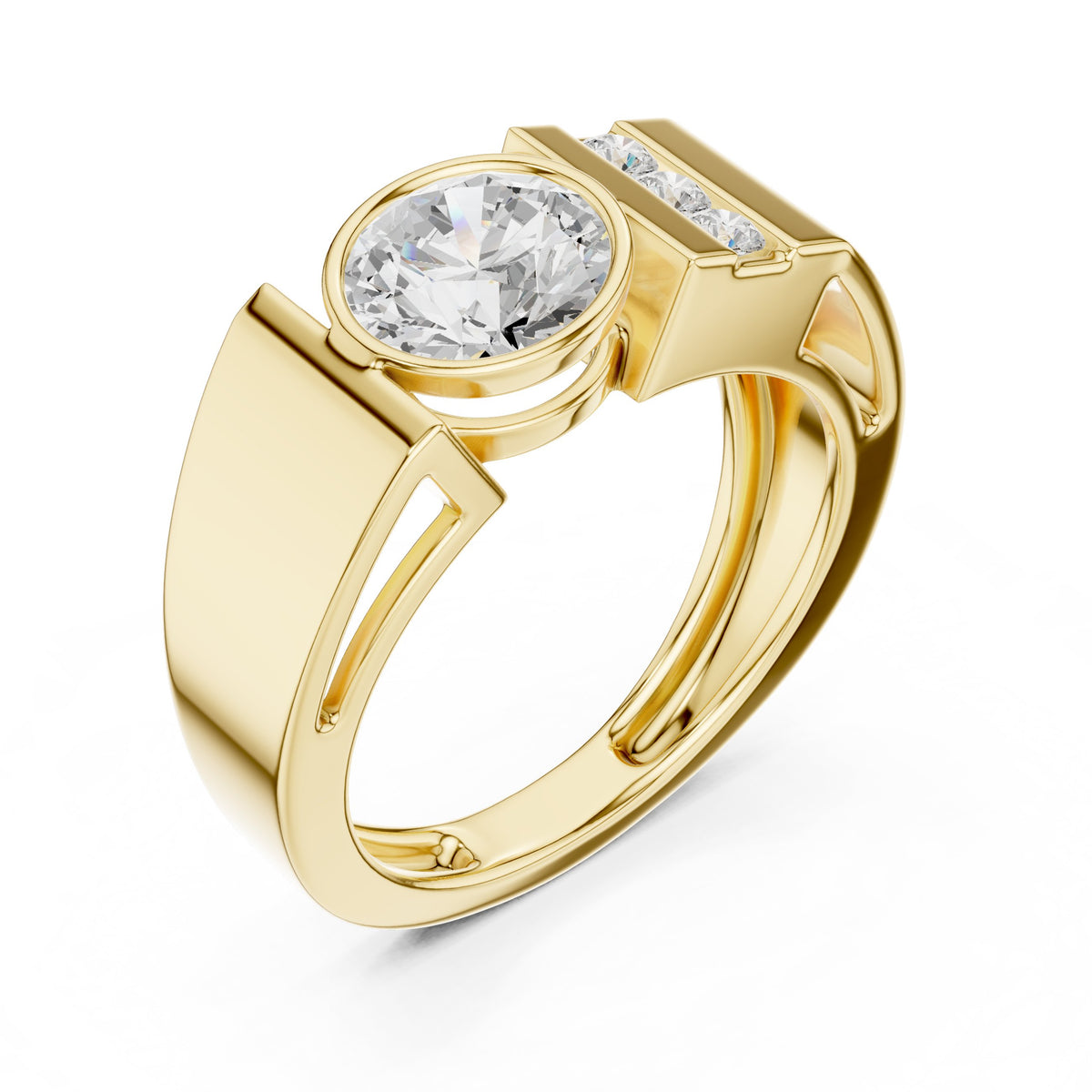 Bezel Round Diamond Men's Ring with Channel Shoulders in Yellow Gold - VYKA Diamonds