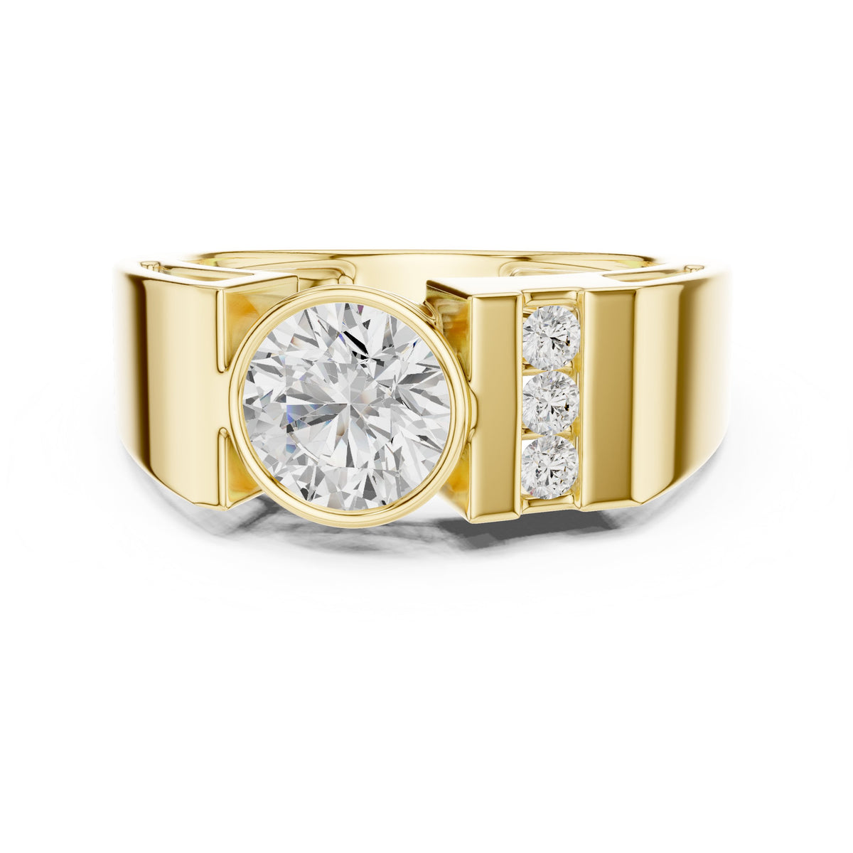 Bezel Round Diamond Men's Ring with Channel Shoulders in Yellow Gold - VYKA Diamonds