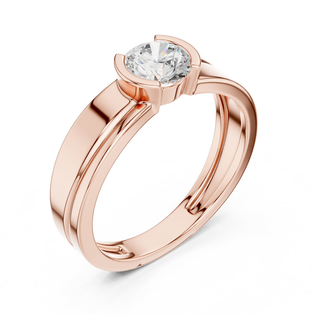 Split Half Bezel Round Diamond Men's Ring in Rose Gold - VYKA Diamonds