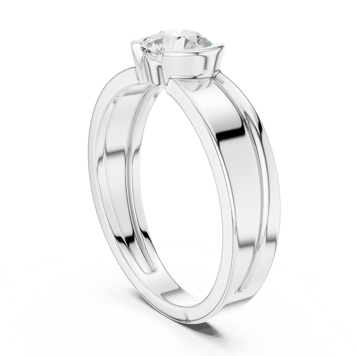 Split Half Bezel Round Diamond Men's Ring in White Gold - VYKA Diamonds
