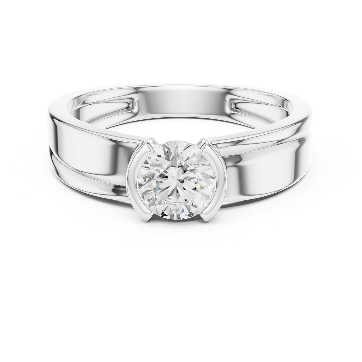 Split Half Bezel Round Diamond Men's Ring in White Gold - VYKA Diamonds
