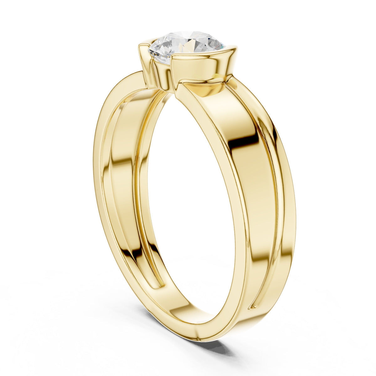 Split Half Bezel Round Diamond Men's Ring in Yellow Gold - VYKA Diamonds