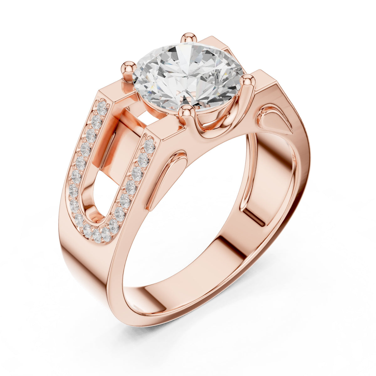 Round Diamond Men's Ring with Pavé Frame