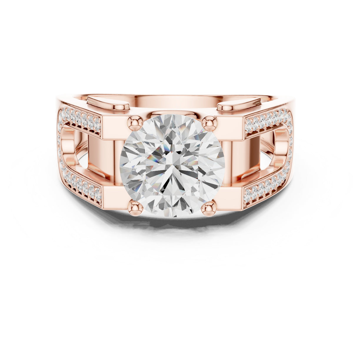 Round Diamond Men's Ring with Pavé Frame in Rose Gold - VYKA Diamonds